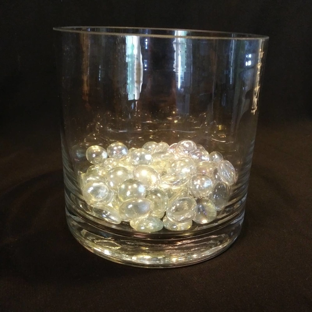Lg Heavy Clear Glass Pillar Candle Holder w Iridized Glass Marbles Weddings